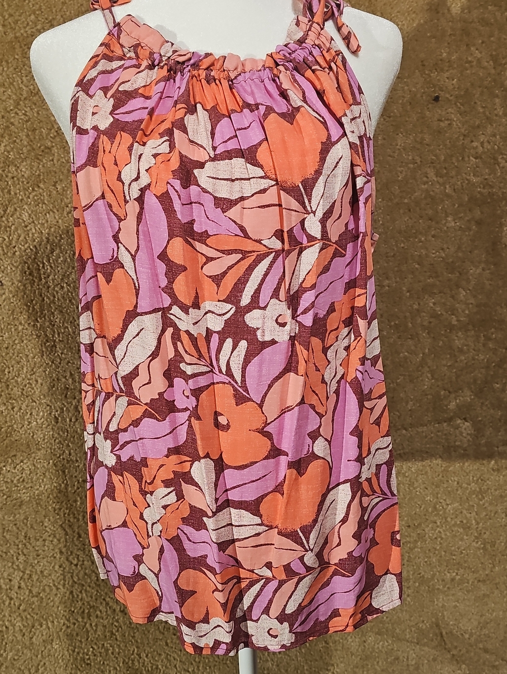 Tropical Floral Halter Tank Top in Coral & Lavender